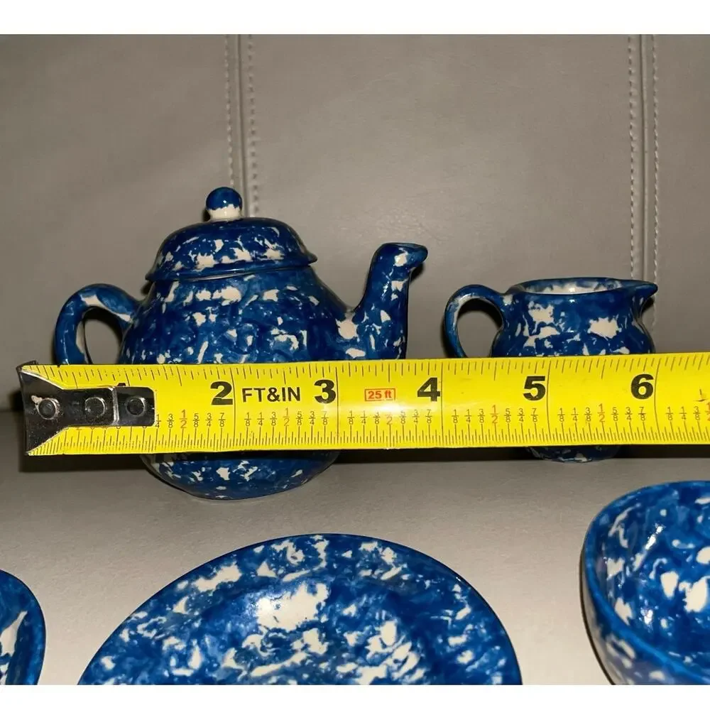 Rare 1987 Signed Barb Hall Miniature 5pc Blue Spongeware Tea Set 
